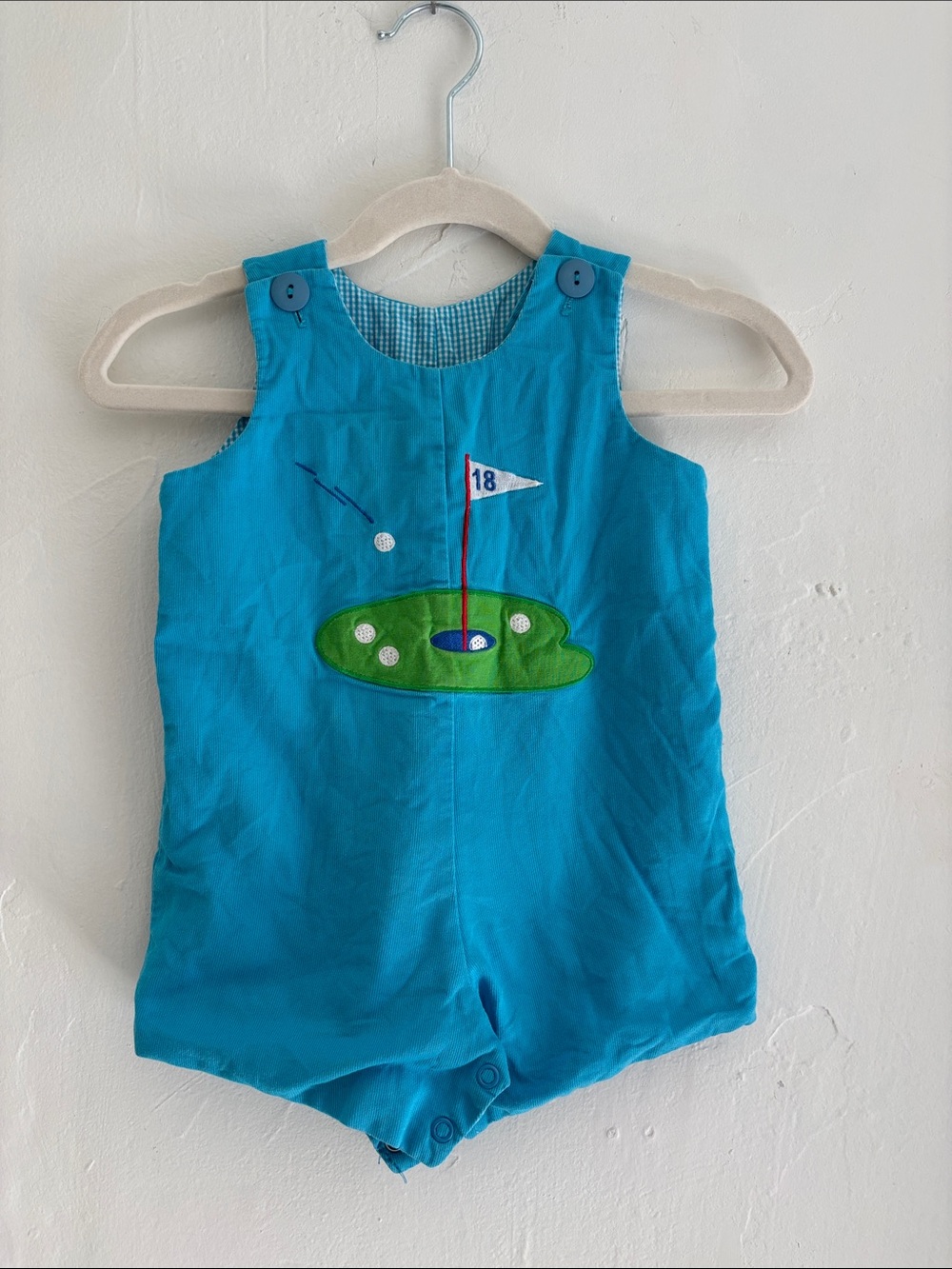 Vintage Bright Blue Kids Golf / Monkey Reversible Romper 9M